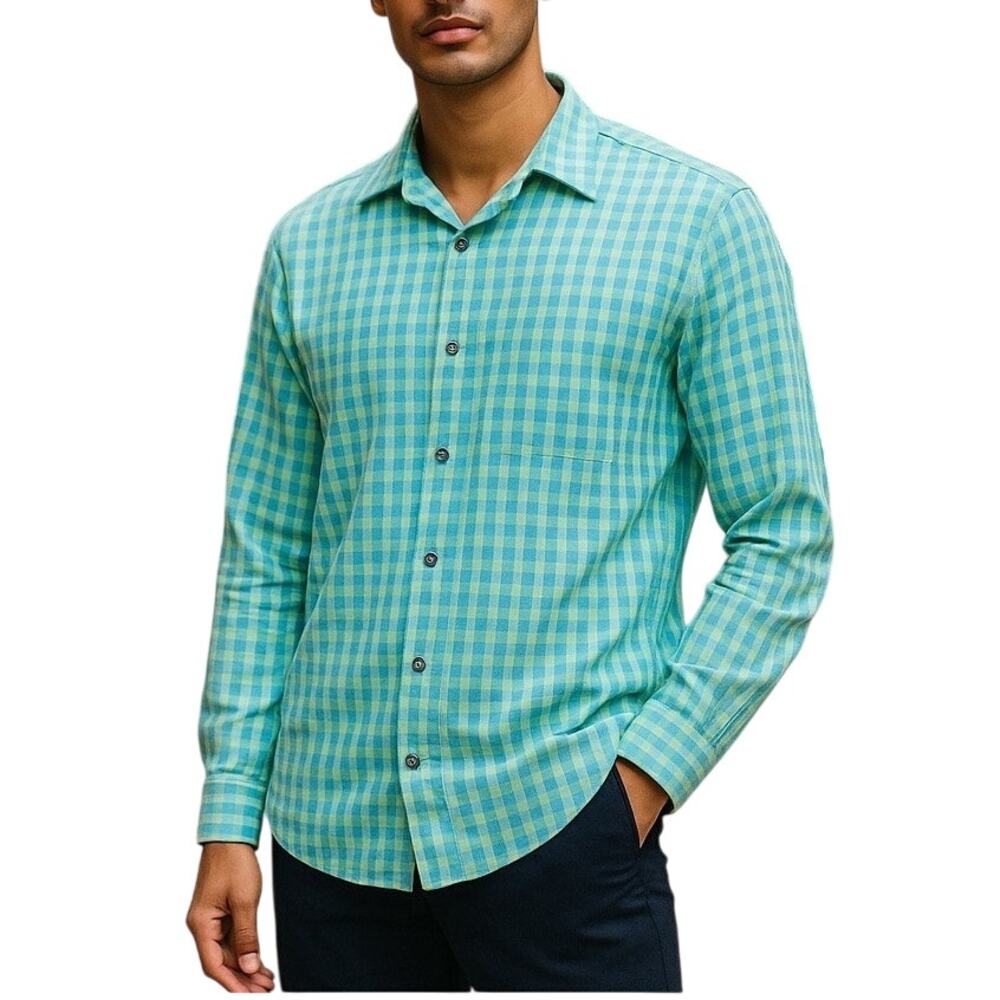 Apt 9 Premier Flex Slim Fit Plaid Shirt Mens Medium Light Blue Yellow NWOT